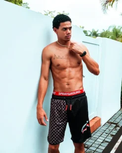 GREY CHECKERED SPLIT CORTO SWIM TRUNKS><noscript><img width=