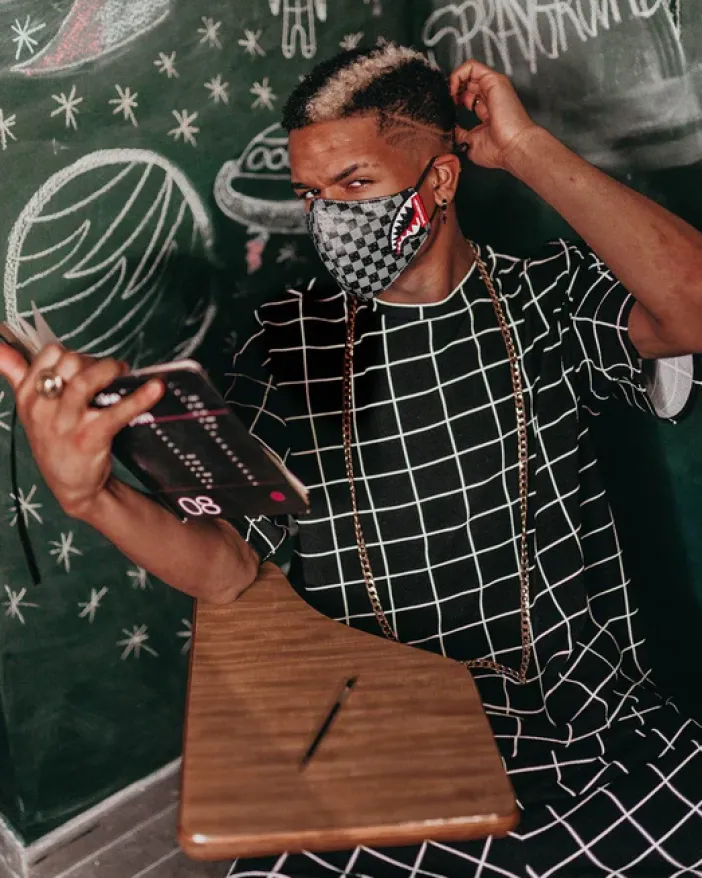SHARKS IN PARIS (GRAY) VEGAN LEATHER FACE MASK>SPRAYGROUND Clearance